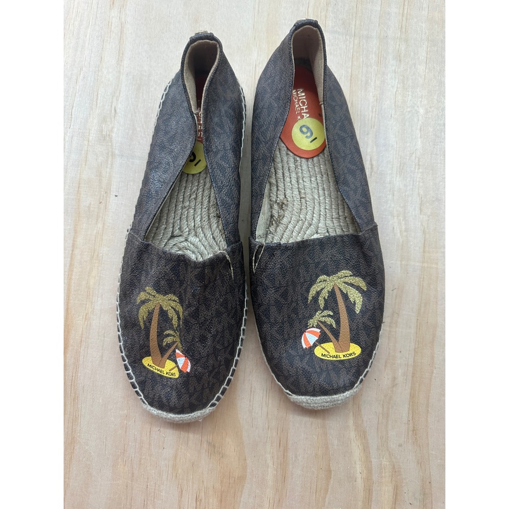 Michael Kors Brown Monogram Palm Tree Espadrille Flats Shoes Womens 9